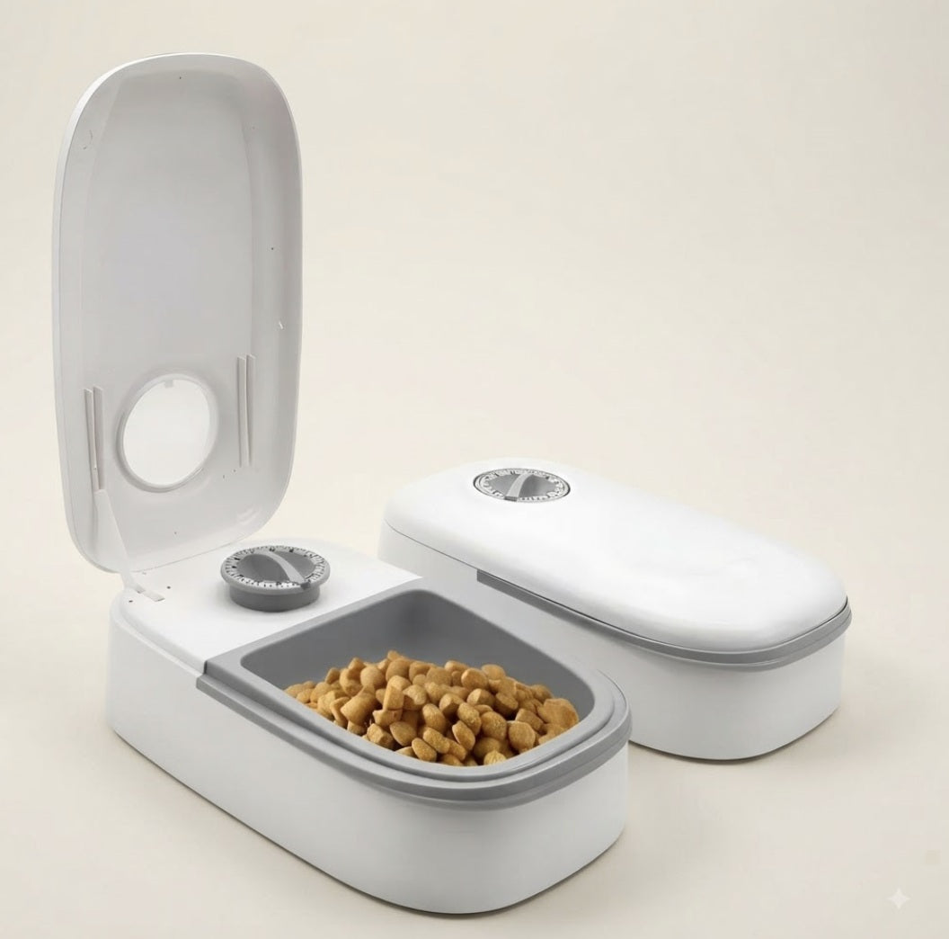 Comedero automático doble para mascotas con temporizador, sobre fondo crema